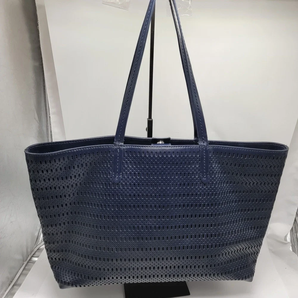Brooks Brothers Navy Perforated Laser Cut Leather Tote Shoulder Purse Bag